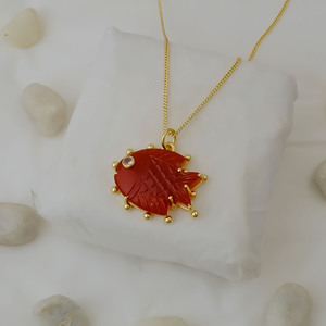 Carnelian Fish Pendant <b>Necklace</b> With Crystal Eye Accent Gold Plated Carving Gemstone <b>Statement</b> Charm Gift For Her - Product Image 3