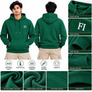 Sweat-shirts à capuche vert pour hommes en molleton de coton, couleur unie, décontractés, avec poche, vente en gros, OEM, personnalisés, style Y2K Streetwear, USA - Product Image 6