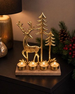 Portavelas de Latón con Diseño de Ciervo Dorado y Árboles, Decoración Navideña para el Hogar, con 4 Portavelas para Velas de Té - Product Image 2