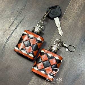 Compact Genuine Checker Leather Mini Hip Flask Keychain Pocket Bottle with Clip Travel Friendly Small Flask Gift for Unisex Use - Product Image 1