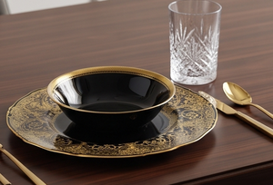 Elegant Circle Design <b>Black</b> And Gold Inlay Pattern Charger <b>Plate</b> Ideal For Stylish Tabletop Weddings Banquets And Celebration - Product Image 3