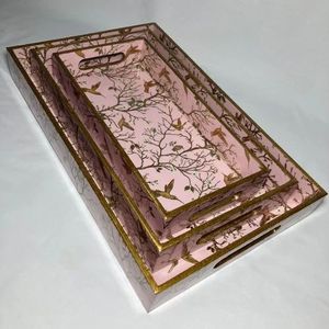 Ensemble de 3 plateaux de rangement en bois laqué, rectangulaires, motif oiseau rose, empilables, modernes, pour salle de bain, bijoux, compatibles lave-vaisselle, multifonctionnels - Product Image 1