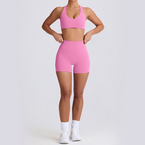 Custom Wholesale Pink Workout Set Activewear Cross Strappy Sports Bra High Waist <b>Flare</b> <b>Leggings</b> Yoga Gym Fitness Clothing OEM - Product Image 2