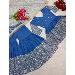 Ensemble de soirée Designer Kediya-Sarara XL en tissu mousseline avec hauts à manches trois-quarts et dupatta fantaisie - Product Image 4