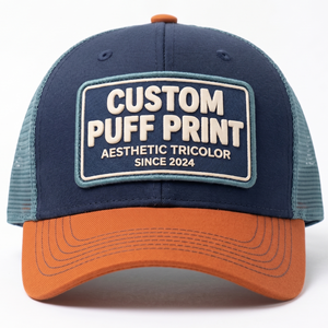 Casquette de camionneur personnalisée haut de gamme à faible MOQ avec patch brodé en relief sur le panneau avant, en coton, polyester et maille contrastante tricolore, Indonésie - Product Image 1