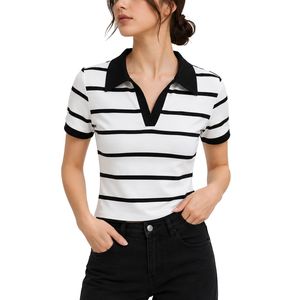 Polo a Rayas Blanco y Negro para Mujer, Manga Corta, Cuello Camisero, Corte Ajustado, Informal, Verano, Moda, Personalizable, Venta al Por Mayor - Product Image 1