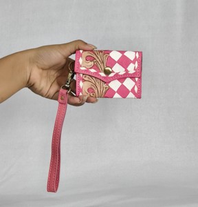 New Pink Diamond Embroidered Handmade Genuine Leather Mini Coin Purse Wrist Strap Snap Button Closure <b>Cute</b> Compact Design <b>Wallet</b> - Product Image 1