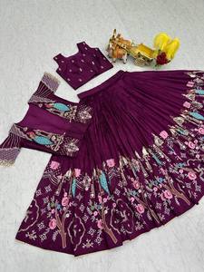 Designer Royal Wine Printed Lehenga Choli with Embroidered <b>Jacket</b> Set | Festive Wear Traditional Navratri & <b>Wedding</b> Garba Chan - Product Image 2
