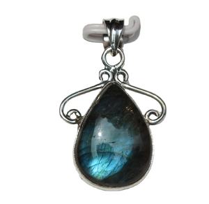 Pendentif en labradorite en argent sterling 925 fait à la main, pierre précieuse naturelle non traitée, cabochon en forme de goutte, style bohème, plaqué rhodium/antique - Product Image 5