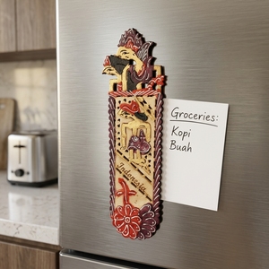 Handcrafted Indonesian Wayang Kulit Red Batik Leather Fridge Magnet Traditional Cultural Souvenir Refrigerator Home <b>Decor</b> <b>Accent</b> - Product Image 5