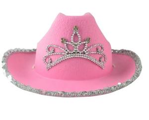 Sombrero de vaquero estilo western con corona, tocado de plumas, ribete de lentejuelas, disfraz rosa para mujer en el escenario - Product Image 1