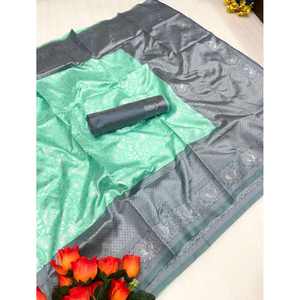 TRABAJO TEJIDO JACQUARD SEDA LICHI ATRACTIVA SAREE CON BLUSA SIN COSTAR VERDE MAR - Product Image 1