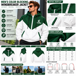 Chaqueta cortavientos con capucha para hombre, estilo racer, con bloques de color, cierre frontal con cremallera, estampado con logo, resistente al viento, para primavera. - Product Image 6
