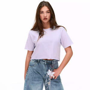 Camiseta Corta de Algodón 100% para Mujer, con Borde Crudo, Manga Corta, Estilo Básico, Marca Privada, OEM, Ropa Personalizada para Mujer - Product Image 1