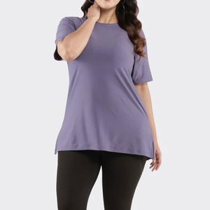 Oversized Plus Size Women's Solid Colour Short Sleeve O-Neck Knitted T-Shirt Casual Loose Fit <b>Top</b> Regular Length Purple - Product Image 1