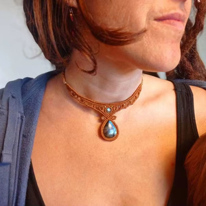 Labradorite Macrame <b>Necklace</b> Blue Flash Teardrop Gem Brown Cord Boho Handmade Adjustable <b>Statement</b> Jewelry - Product Image 1