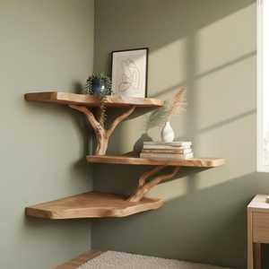 Étagère murale flottante hexagonale géométrique moderne en métal avec base en bois massif, présentoir industriel en fer doré, bibliothèque de rangement - Product Image 5