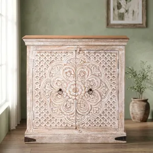 Mueble de Almacenamiento Vintage de Madera Maciza Tallada a Mano con Puertas Dobles Florales, Acabado Blanco Envejecido, Muebles Rústicos Indios - Product Image 4
