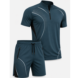 Grace Collection Men's Sporty Quarter-<b>Zip</b> Short Sleeve Top Shorts Set Quick Dry 100% Polyester Fleece Knitted Winter Streetwear - Product Image 2