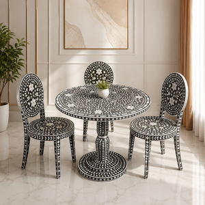 Table à manger ronde en bois avec incrustations en os, design moderne et motif noir et blanc pour cuisine ou salon - Product Image 5