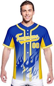เสื้อเบสบอลแบบกำหนดเองสำหรับผู้ชาย สีเหลือง-น้ำเงิน ลายเปลวไฟ พิมพ์ลายแบบระเหิด ผ้าโพลีเอสเตอร์ระบายอากาศ แขนสั้น ติดกระดุม แบบยูนิฟอร์ม - Product Image 4