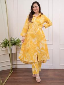<b>Women</b> Digital Print Yellow Cotton Traditional <b>Kurta</b> Trousers Set Regular Fit Knee-Length Casual Wear Quick Dry India Pakistan - Product Image 1