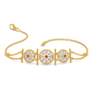 Triple Floral Medallion Diamond <b>Bracelet</b> with Yellow Gold Chain and <b>Red</b> Stone Center Accent Design - Product Image 1