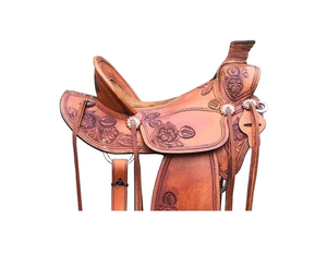 Big Horn Roping Silla de montar western floral para barril con estructura de fibra, cuero teñido a tambor y conjunto de aparejos de silla de montar con grabados a mano - Product Image 2