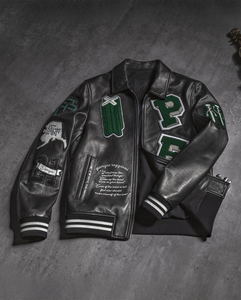 OEM Custom Logo & Embroidery Wholesale Premium Leather Canvas Breathable Winter Men V-neck Crystal Varsity Jacket Front - Product Image 6