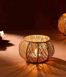 Round Metal <b>Lantern</b> With Wave Cutout Design <b>Gold</b> Finish Heat Resistant Home Decoration Votive Candle Holder - Product Image 5