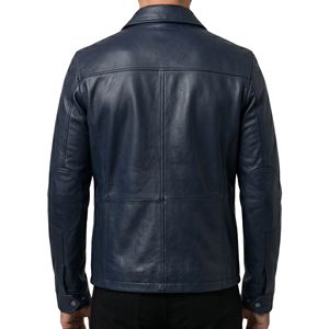 Wholesale Dark Blue Men's Leather Jacket Collar Four Front Flap Utility Pockets Streetwear Smooth Finish Zip <b>Up</b> Leather Jackets - Product Image 2