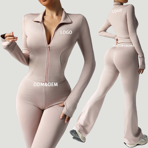 "Solid Color Women's Yoga Set Long Sleeve Zipper Top High Waisted <b>Flared</b> Pants Quick Dry Fitness Activewear OEM ODM" - Product Image 1