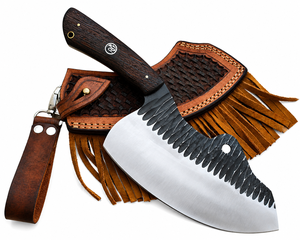 Cuchillo de carnicero de acero D2 con mango de madera y hoja dentada para uso en la cocina - Product Image 1