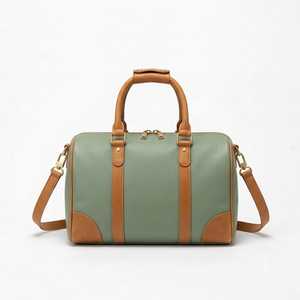 Women's Sage Green Mini Speedy Duffel <b>Bag</b> Leather Boston Handbag With <b>Tan</b> Brown Trim Top Handles Adjustable Shoulder Strap - Product Image 1