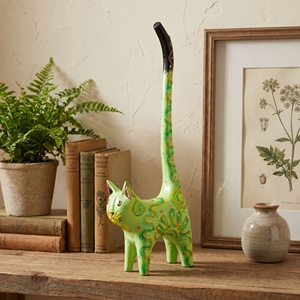 Statue artisanale en bois d'albizia, queue de chat verte et or, figurine animale, artisanat de Bali, décoration intérieure, sculpture en bois, cadeau, artisanat en bois - Product Image 2