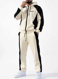 ONETEN APPAREL Conjunto Deportivo Casual de Otoño para Hombre, con Capucha y Cremallera, Bloques de Color Crema y Negro, Manga Larga - Product Image 1