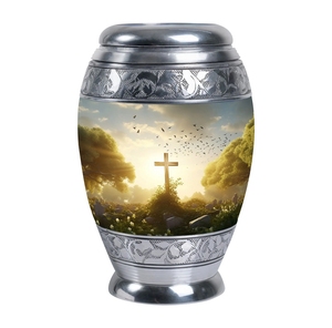 Urna Funeraria de Metal con Cruz Sagrada de Aluminio, Diseño de Amanecer en una Cueva Marina, Grabada a Mano, Acabado Plateado, de Latón, para Cenizas Humanas - Product Image 2