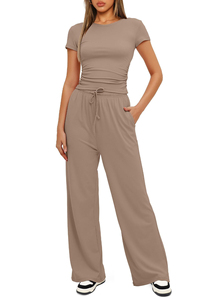 Ensemble décontracté 2 pièces pour femme : crop top uni à manches courtes et short en spandex respirant avec cordon de serrage, coupe ajustée, printemps/été - Product Image 6