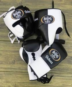 ชุดอุปกรณ์ชกมวยหนังวัวแท้สีขาวดำ ยี่ห้อ No Boxing No Life พร้อมอุปกรณ์ป้องกันศีรษะและอวัยวะเพศชาย แบบผูกเชือก คุณภาพสูง - Product Image 6
