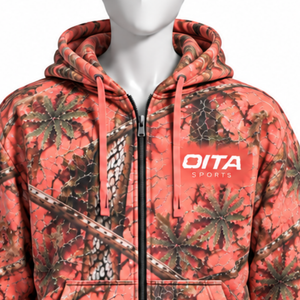 Coral Nature Print <b>Zip</b> Up <b>Hoodie</b> Mens Outdoor Style Hooded Sweatshirt with Drawstring Front <b>Pockets</b> Casual Winter Streetwear - Product Image 3