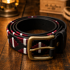 Cinturón de Cuero Étnico Bordado con Patrón Geométrico Rojo Blanco Negro Hebilla de Pin Casual Rectangular de Cobre Duradero - Product Image 4