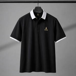 Polo Negro de Lujo para Hombre con Cuello en Contraste Blanco, Logotipo Bordado en Dorado, Algodón Piqué Premium, Fabricante de Ropa Personalizada OEM ODM - Product Image 3