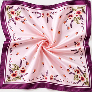 Pañuelo Cuadrado de Seda 100% para Mujer, Estampado Floral, Fondo Rosa, Borde Morado, Accesorio de Moda de Lujo, PREGO INDUSTRIES - Product Image 1