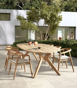 Ensemble de salle à manger d'extérieur en teck massif de qualité supérieure, grande table ovale de patio avec 6 fauteuils à accoudoirs incurvés - Product Image 1