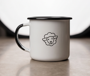 Custom Camp <b>Mug</b> Adorable Farm Animal Minimalist Line Art Design Off <b>White</b> Enamelware Black Edge <b>Bulk</b> B2B Manufacturer Sourcing - Product Image 1