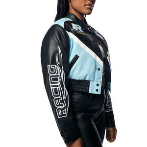 2026 Veste bomber de course en cuir végétalien sur mesure coupe courte, Pantalon taille haute, Broderie chenille bleue, Crop top femme, Veste universitaire en coton - Product Image 2
