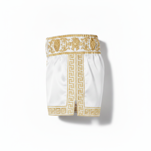 Shorts de boxe en soie blanche avec motif grec brodé doré et design couronne de lauriers, coupe classique, unisexe adulte - Product Image 4