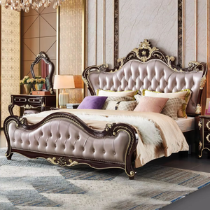 Ensemble de chambre à coucher de luxe en bois d'acajou, style antique européen classique, capitonné et rembourré, avec rangement, lit king size, style palais royal - Product Image 5