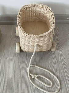 Handmade rattan Wicker Trolley With Wooden Wheels <b>For</b> Baby 0-3 Years Old - Product Image 6