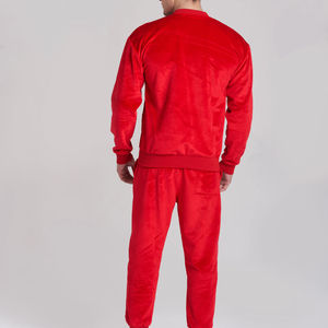 Ensemble de survêtement de luxe en velours rouge pour homme, veste zippée intégrale et pantalon de jogging, personnalisable avec logo, tenue de sport et streetwear - Product Image 6